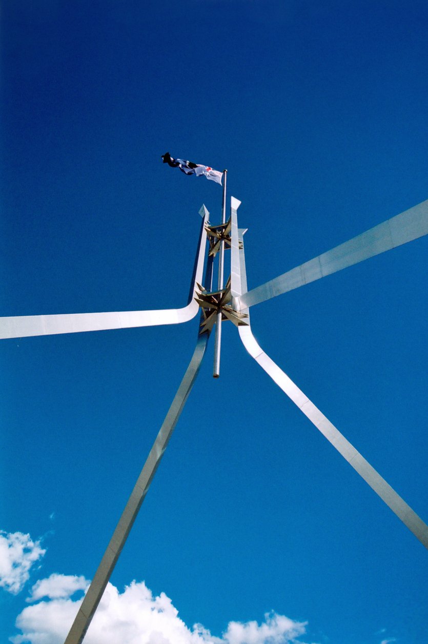 New Parliament House 81 metre tall flagpole pyramid seen from below, Canberra, ACT, Australia